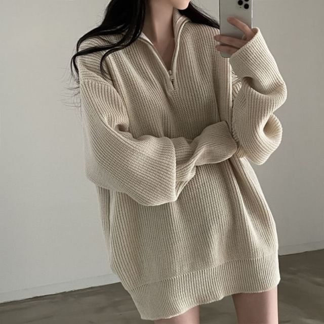 Coris-Mock Neck Plain Ribbed Half-Zip Oversized Sweater