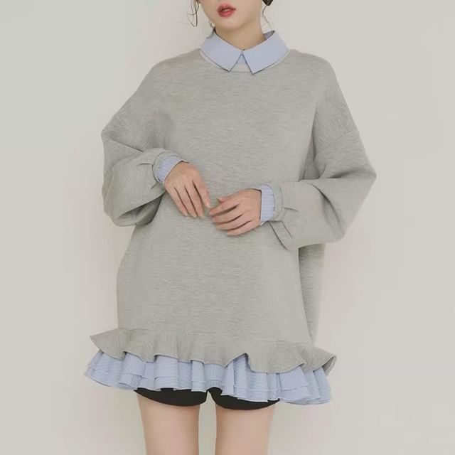 Coris-Mock Two-Piece Collared Ruffle Hem Oversized Sweatshirt