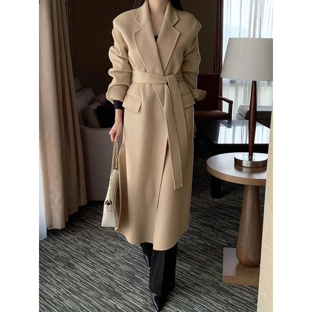 Coris-Notch Lapel Plain Sashed Midi Open Front Coat