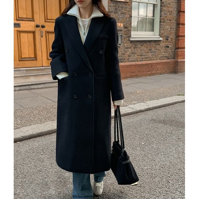 Coris-Peak Lapel Midi Double-Breasted Coat