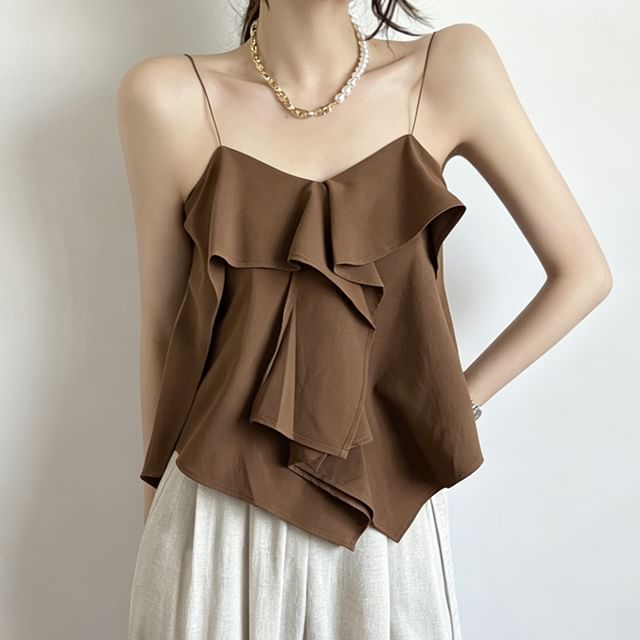 Coris-Plain Asymmetrical Ruffled Camisole Top