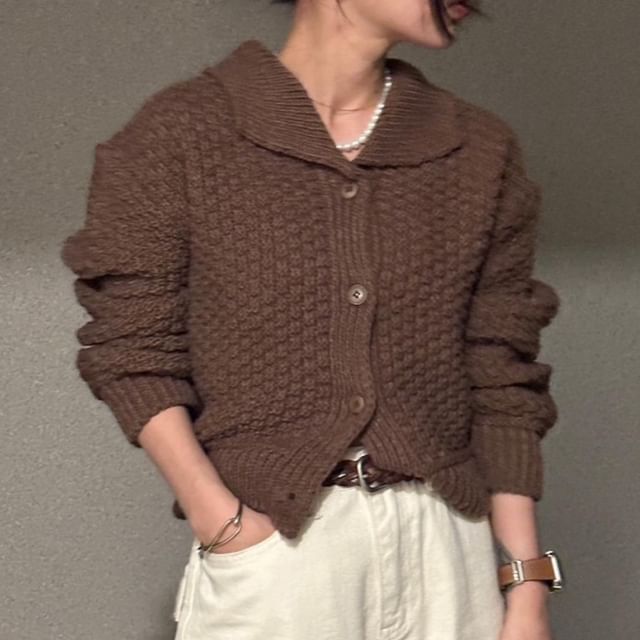 Coris-Plain Collared Button-Up Chunky Knit Cardigan