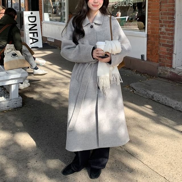 Coris-Plain Tie-Waist Midi Single-Breasted Coat