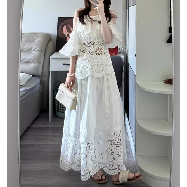 Coris-Puff Sleeve Cold Shoulder Plain Panel Lace Blouse High Rise Maxi A-Line Skirt