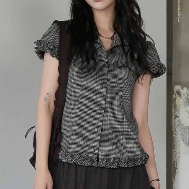 Coris-Puff-Sleeve Collared Plaid Frill Trim Button-Up Blouse