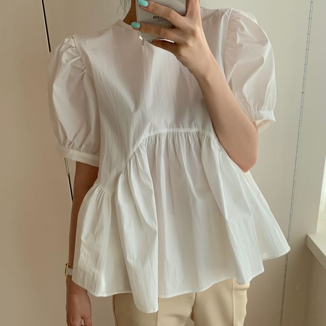 Coris-Puff-Sleeve Crew Neck Plain Blouse