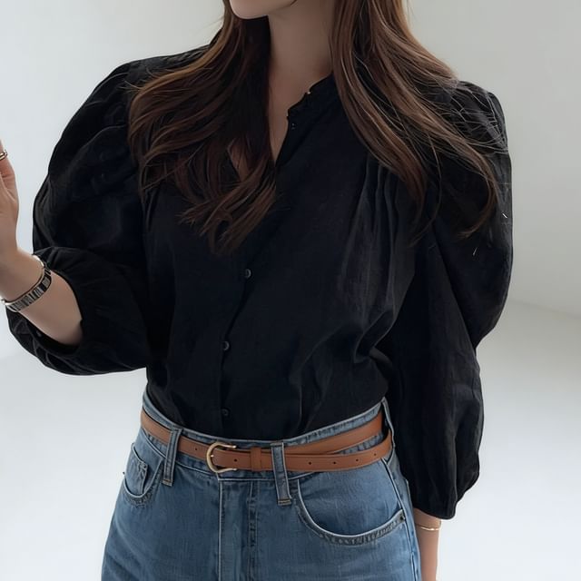 Coris-Puff-Sleeve Notch Neck Striped Ruffle Blouse