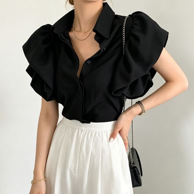 Coris-Puff-Sleeve Plain Button-Up Shirt