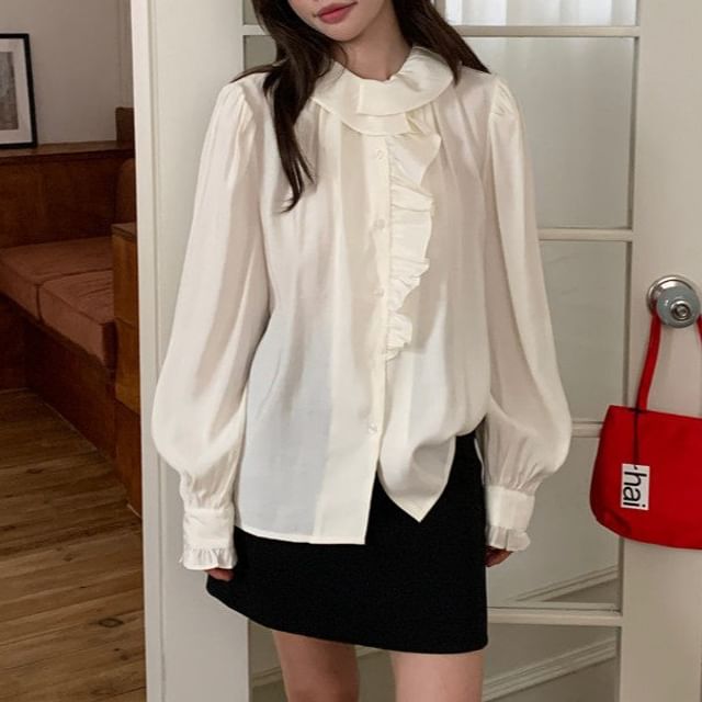Coris-Puff-Sleeve Plain Ruffled Button-Up Blouse