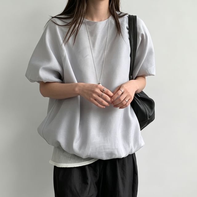 Coris-Puff-Sleeve Round Neck Plain Blouse