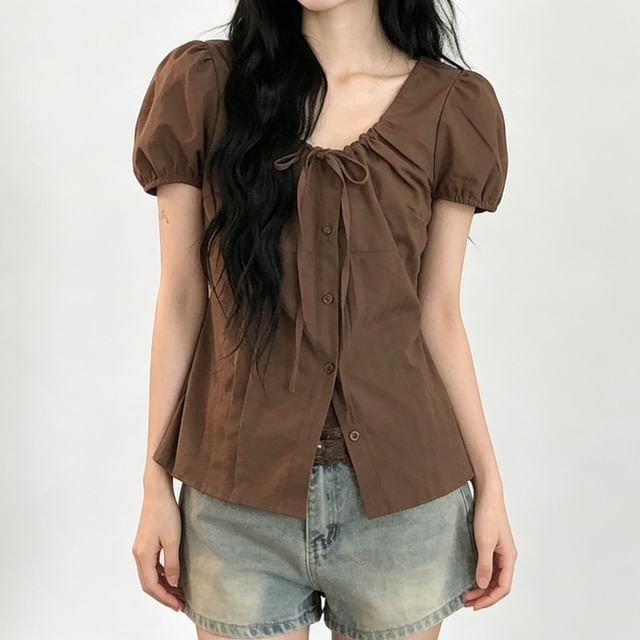 Coris-Puff-Sleeve U-Neck Button-Up Plain Blouse