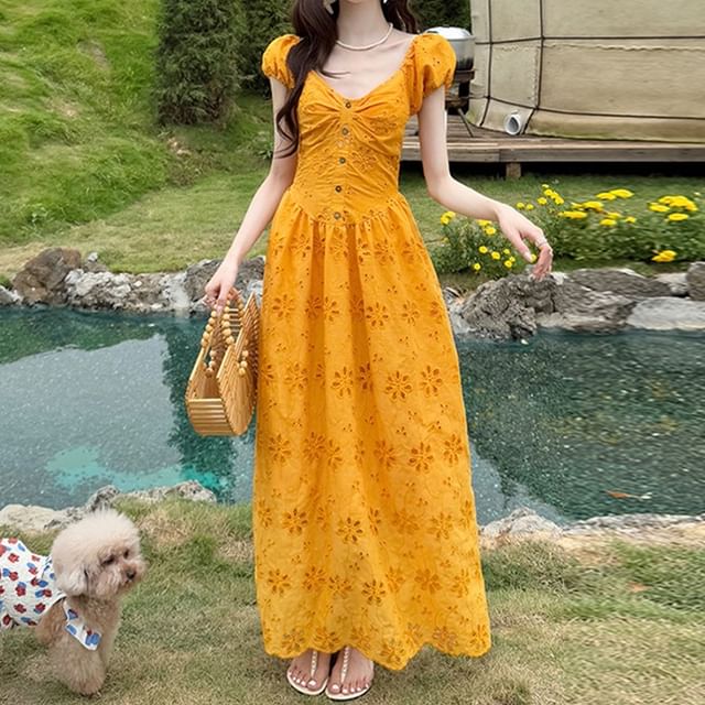 Coris - Puff-Sleeve V-Neck Embroidered Eyelet Ruched Maxi A-Line Dress | YesStyle Coris - Puff-Sleeve V-Neck Embroidered Eyelet Ruched Maxi A-Line Dress | YesStyle
