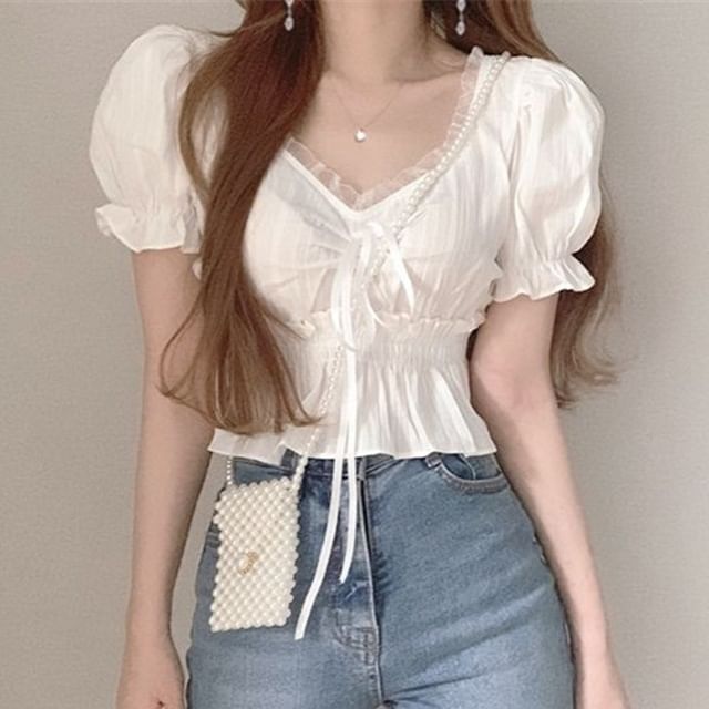 Coris-Puff-Sleeve V-Neck Plain Ruffle Peplum Cropped Blouse