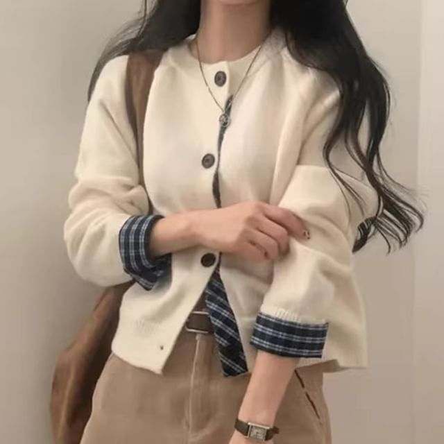 Coris-Round Neck Plaid Panel Cardigan