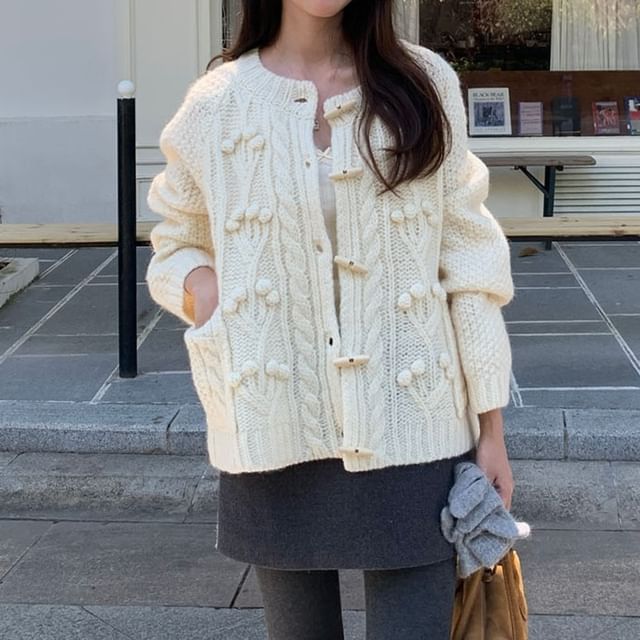 Coris-Round Neck Plain Cable Knit Toggle Cardigan