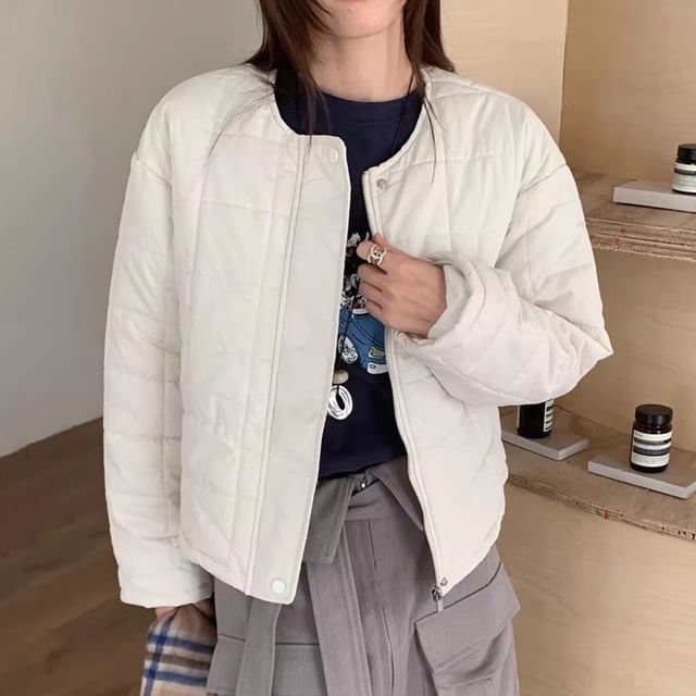 Coris-Round Neck Plain Quilted Zip Jacket