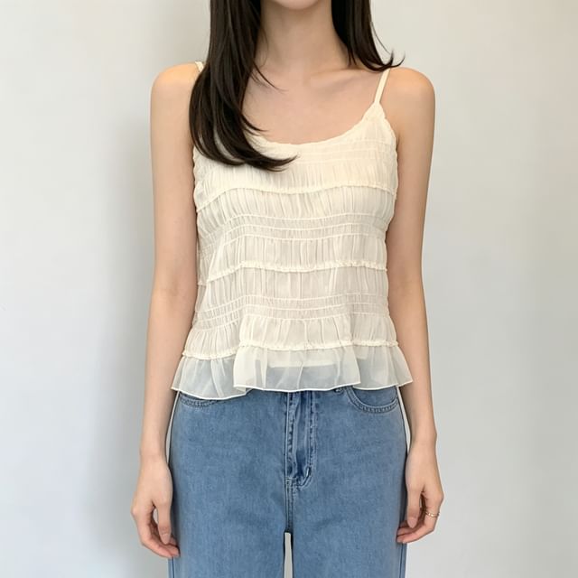 Coris-Scoop Neck Plain Ruched Crop Camisole Top