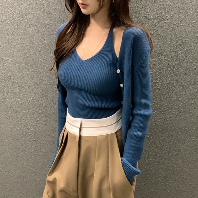 Coris-Set Halter V-Neck Plain Crop Knit Top Cardigan