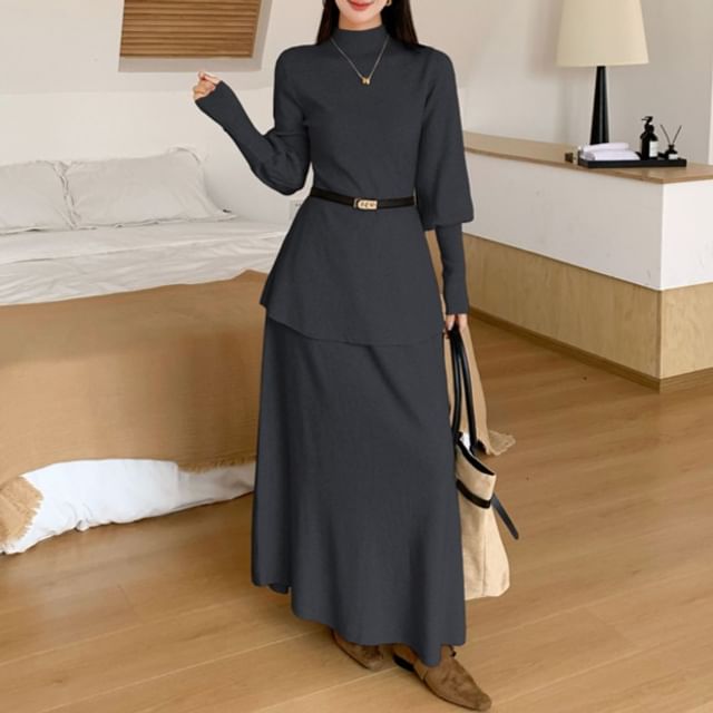 Coris-Set Long-Sleeve Mock Neck Plain Knit Top High Rise Maxi A-Line Skirt
