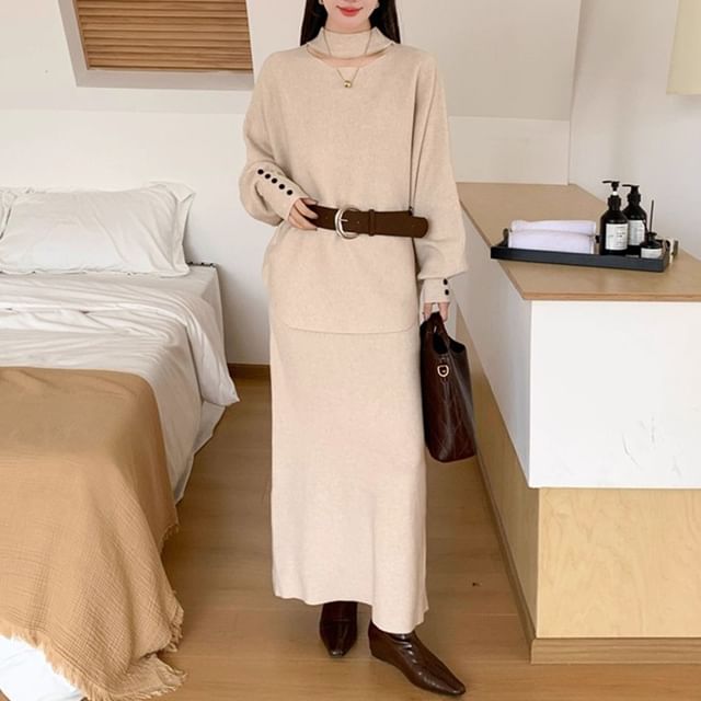 Coris-Set Mock Neck Plain Cutout Sweater High Waist Slit Maxi Straight Skirt