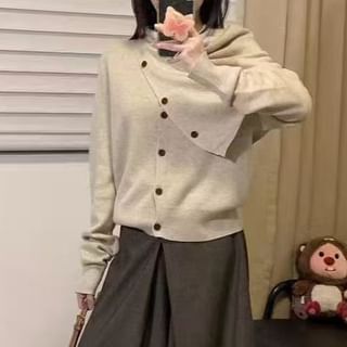 Coris-Set Plain Knit Shawl Button-Up Cardigan