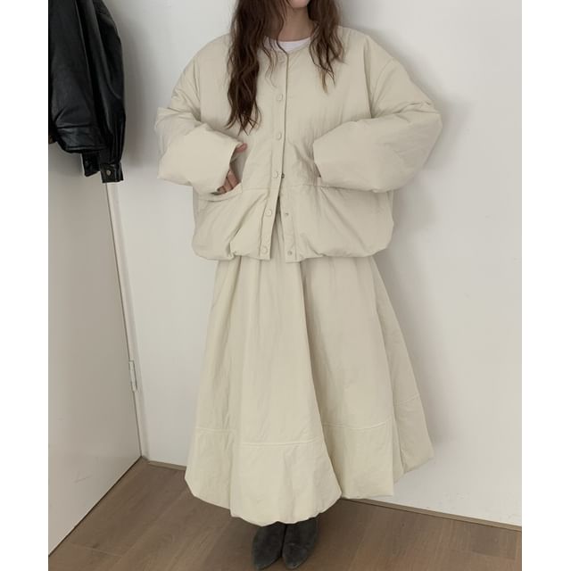 Coris-Set Plain Pocket Detail Single-Breasted Puffer Jacket High Rise Maxi A-Line Skirt