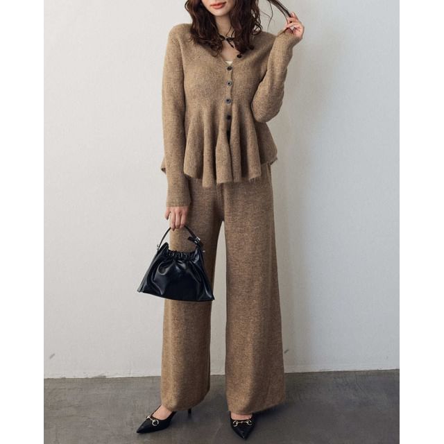 Coris-Set V-Neck Plain Ruffle Hem Button-Up Cardigan Mid Rise Wide Leg Pants