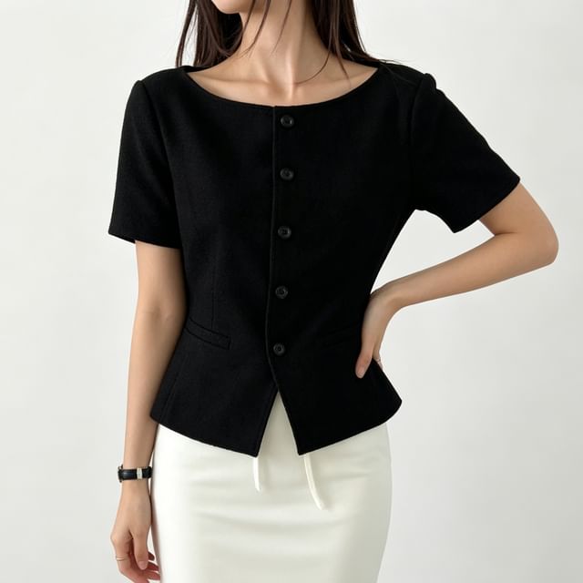 Coris-Short-Sleeve Boatneck Button-Up Plain Blouse
