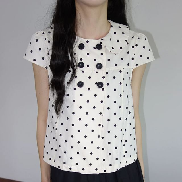 Coris-Short-Sleeve Collared Dotted Double Breasted Blouse