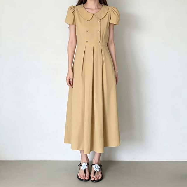 Coris-Short-Sleeve Collared Plain Pleated Midi Dress