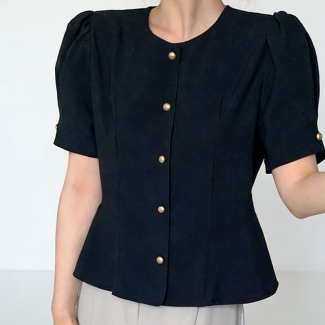 Coris-Short-Sleeve Crew Neck Plain Button-Up Peplum Blouse