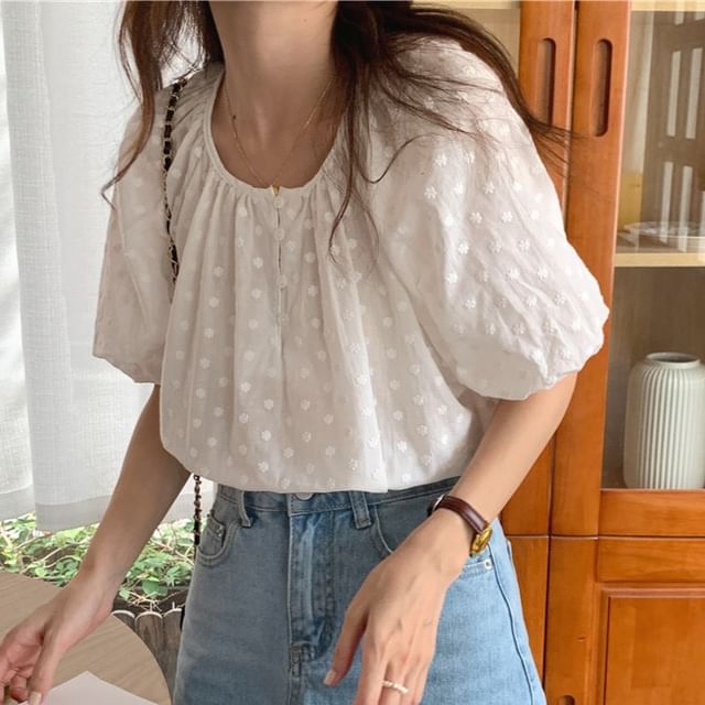 Coris-Short-Sleeve Notched Dotted Blouse