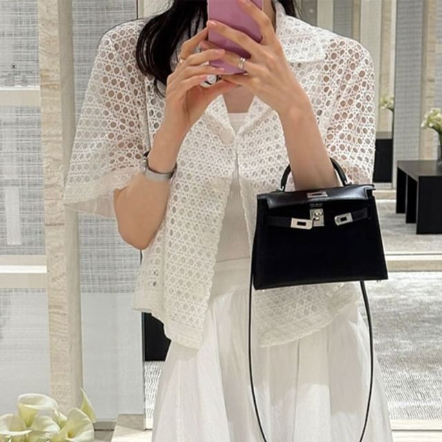 Coris-Short-Sleeve Perforated Button-Up Crop Jacket