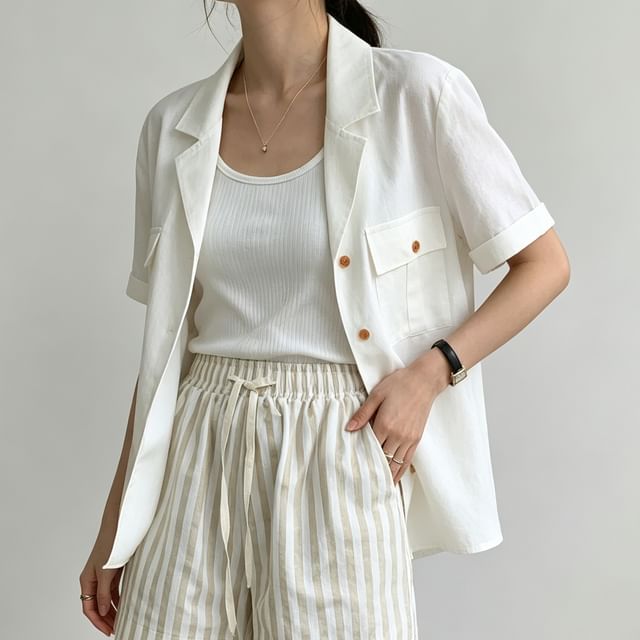 Coris-Short-Sleeve Plain Button-Up Shirt