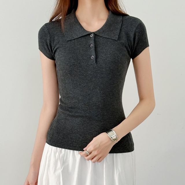 Coris-Short-Sleeve Plain Knit Polo Top