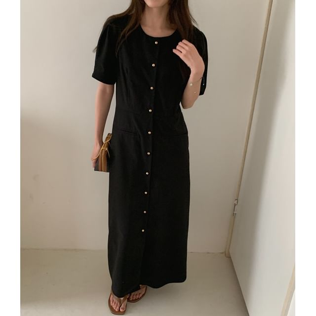 Coris-Short Sleeve Round Neck Plain Button Maxi A-Line Dress