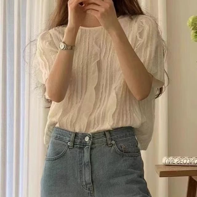 Coris-Short Sleeve Round Neck Plain Ruffle Blouse