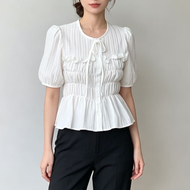 Coris-Short-Sleeve Round Neck Plain Ruffle Trim Blouse