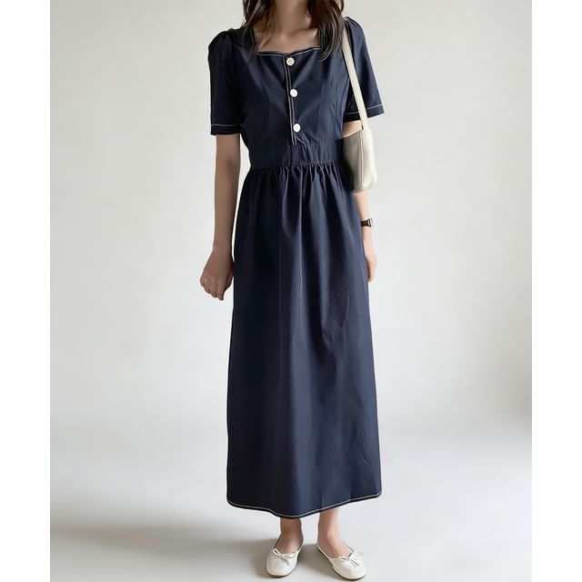 Coris-Short Sleeve Square Neck Plain Button Midi Dress