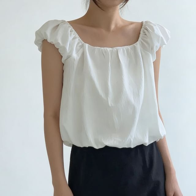 Coris-Short-Sleeve Square Neck Plain Ruched Top