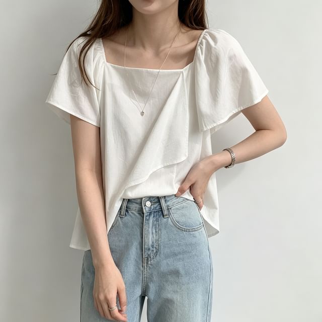 Coris-Short-Sleeve Square-Neck Plain Shirred Blouse