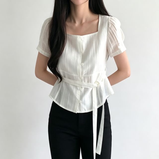 Coris-Short Sleeve Square Neck Plain Tie-Waist Blouse