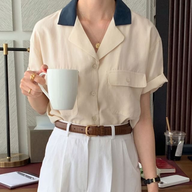 Coris-Short-Sleeve Two Tone Pocketed Shirt