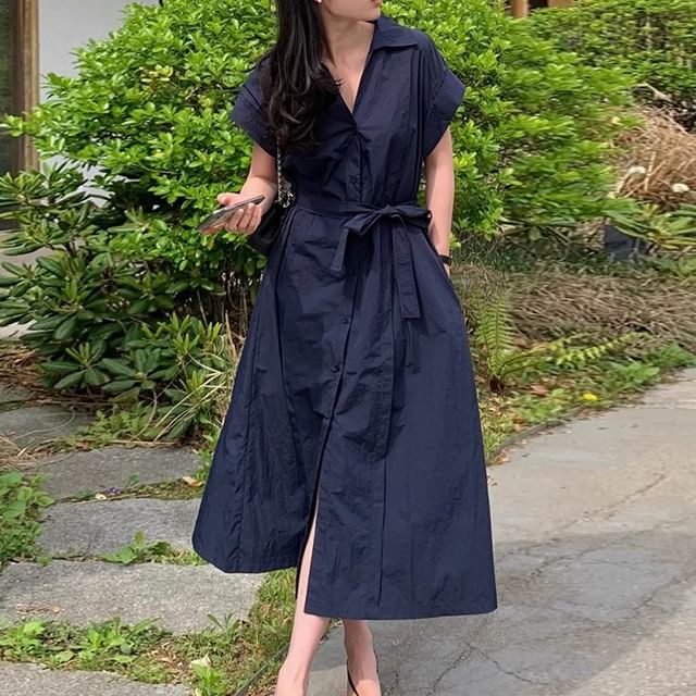 Coris - Short-Sleeve V-Neck Collared Tie Waist Button-Up Plain Midi A-Line Dress | YesStyle Coris - Short-Sleeve V-Neck Collared Tie Waist Button-Up Plain Midi A-Line Dress | YesStyle