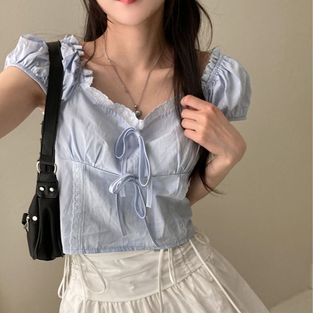 Coris-Short-Sleeve V-Neck Plain Lace Trim Blouse