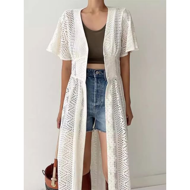 Coris-Short-Sleeve V-Neck Plain Pointelle Button Up Long Light Jacket