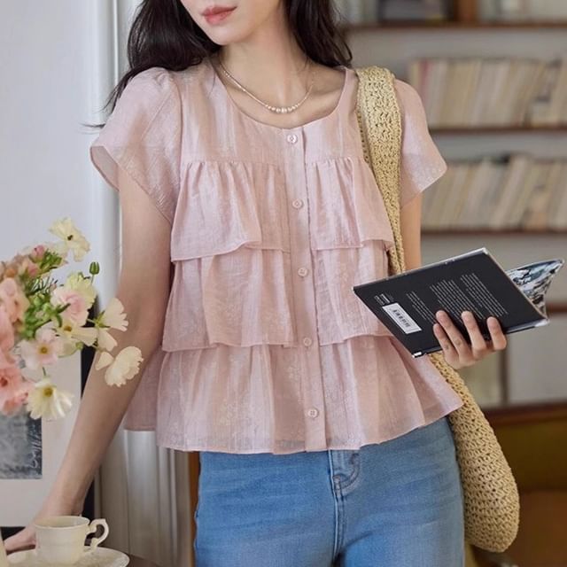 Coris-Short-Sleeve V-Neck Ruffle Plain Top