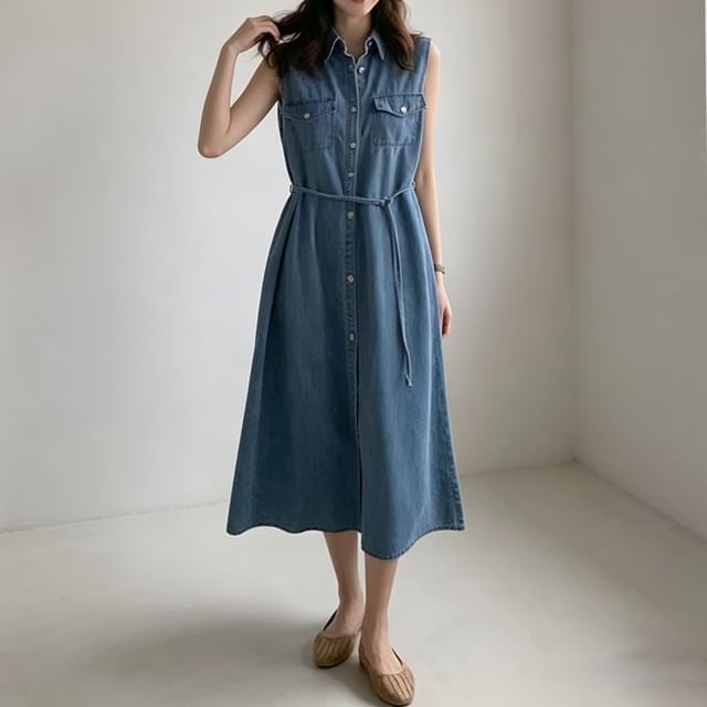 Coris-Sleeveless Collared Denim Button Up Midi A-Line Dress