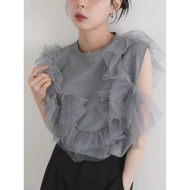 Coris-Sleeveless Crew Neck Plain Mesh Ruffle Top