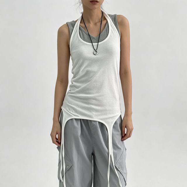 Coris-Sleeveless Halter Neck Fringed Plain Top